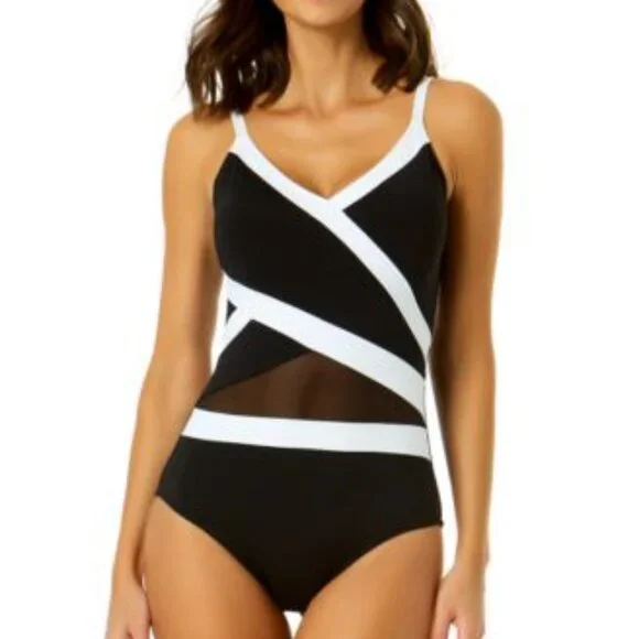NWT! Anne Cole Black White Mesh Inset One Piece Swimsuit NEW! - Picture 1 of 1